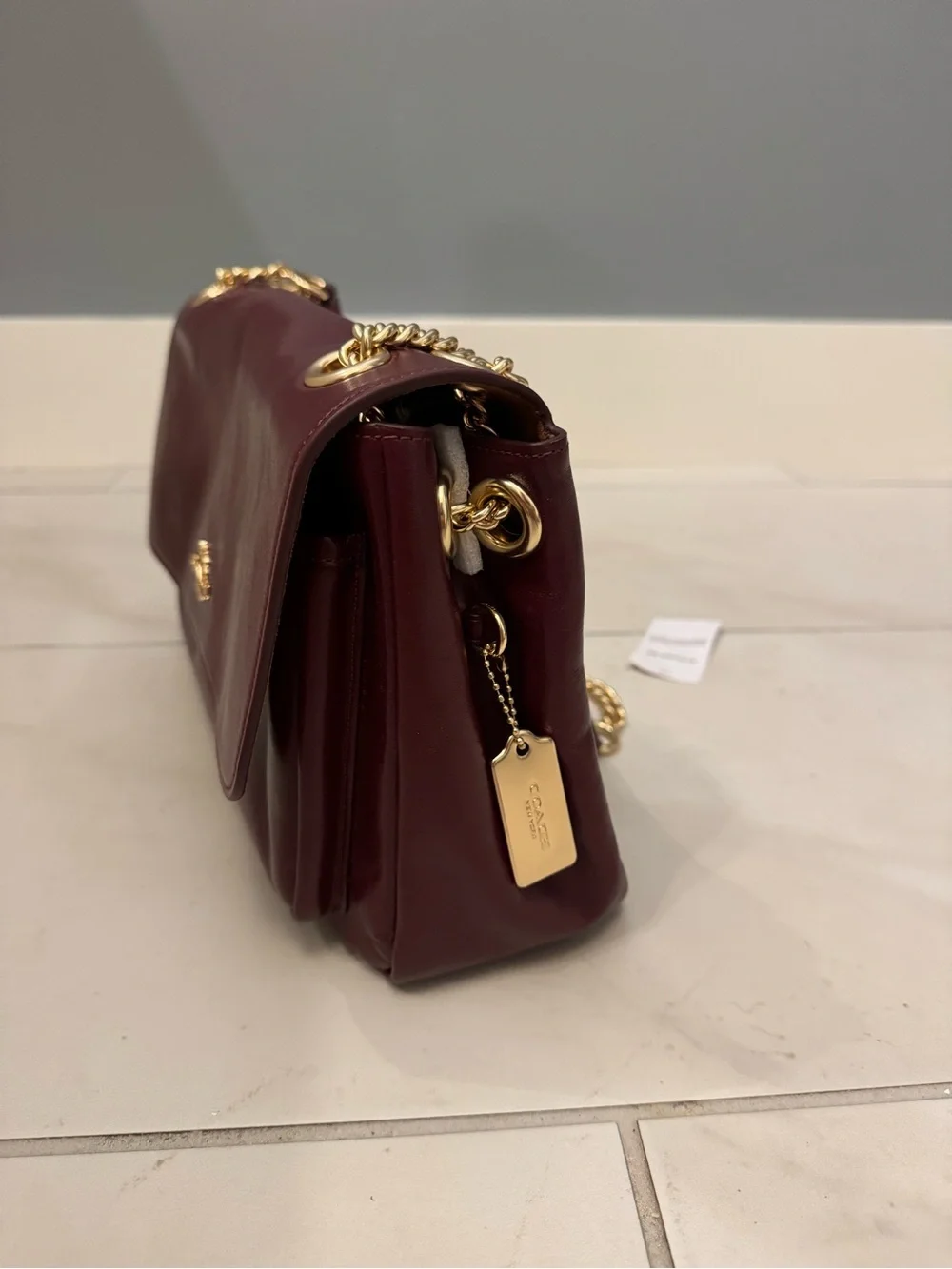Coach Leather Shoulder Bag in Wine with Gold Chain